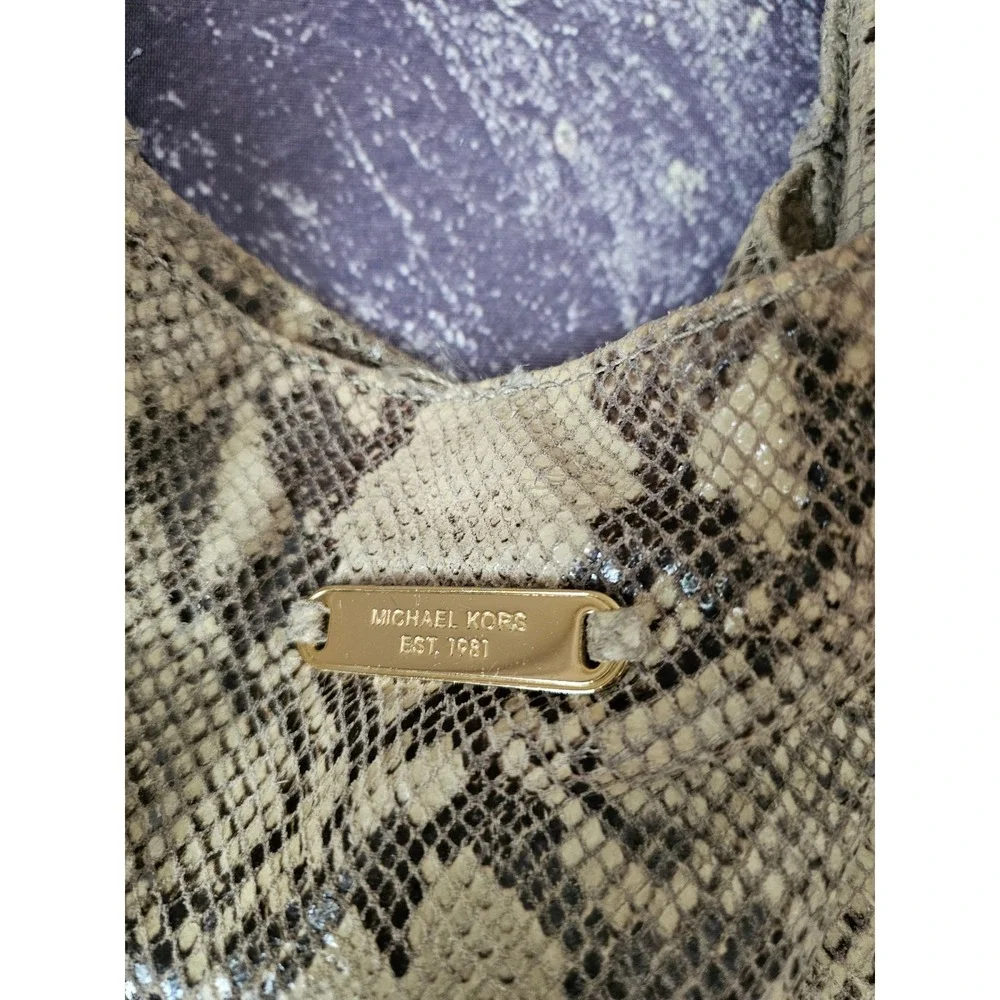 Michael Kors Snakeskin Embossed Leather Hobo Bag Gold Chain Link Beige Brown